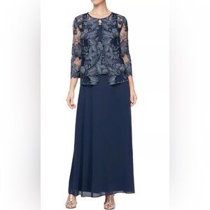 ✨🆕Alex Evenings Floral Embroidered Navy Gown and Jacket, Size 8✨